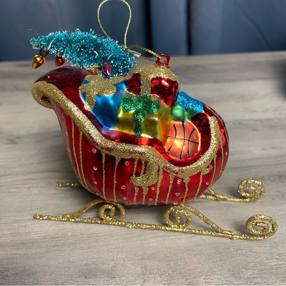 Santa's Sleigh With Gifts And Tree Glass Ornament‎ Christmas Holiday Tree